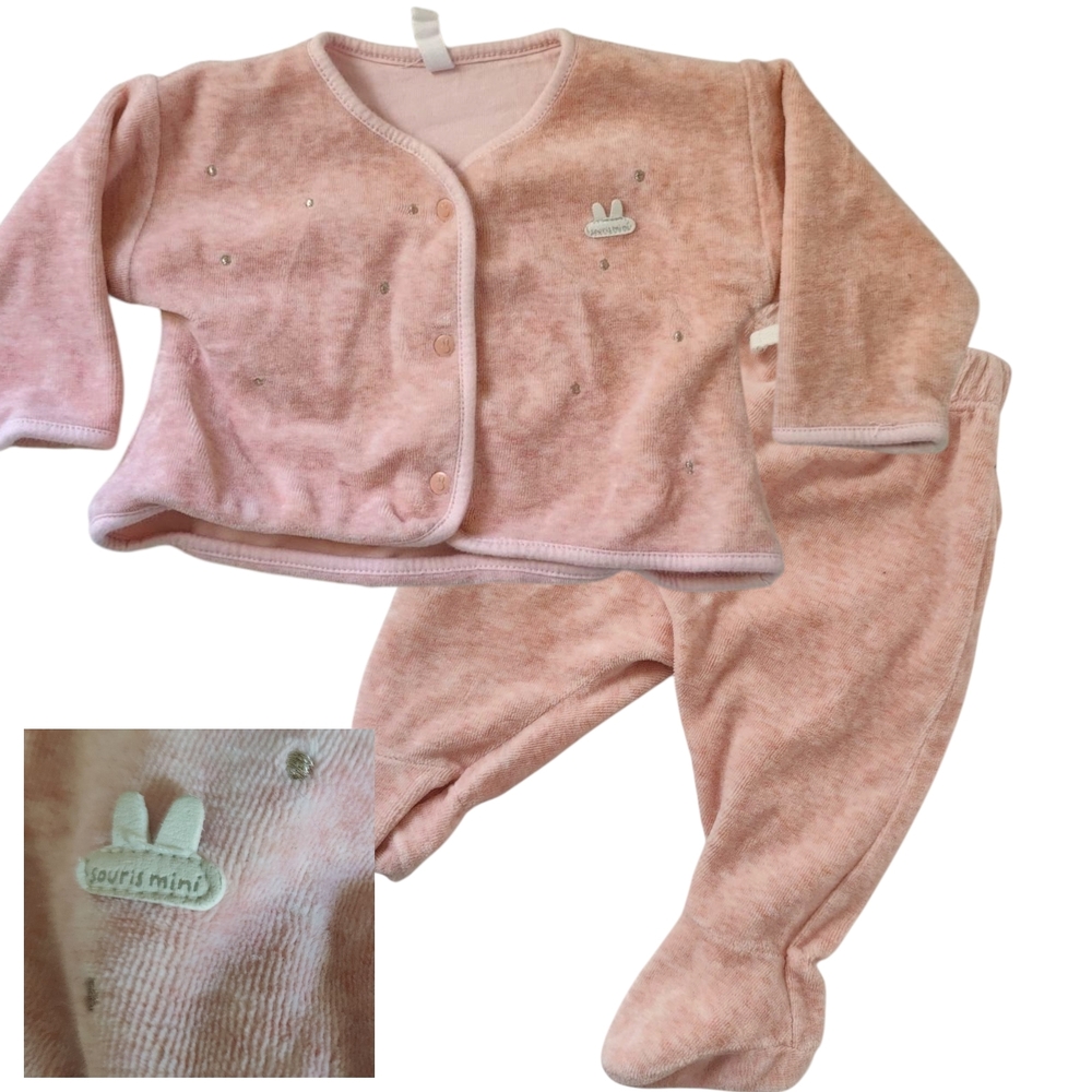Souris Mini 3-6 Months 2 Pieces Pink Set Vest Snap Button And Footed Pants E-B1‎
